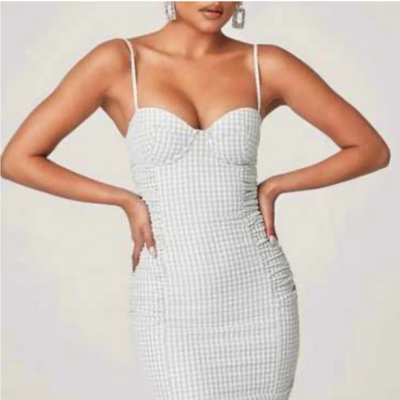 Meshki Eileen Gingham Corset Ruched Mini Dress Green White Size XXS - Picture 1 of 6